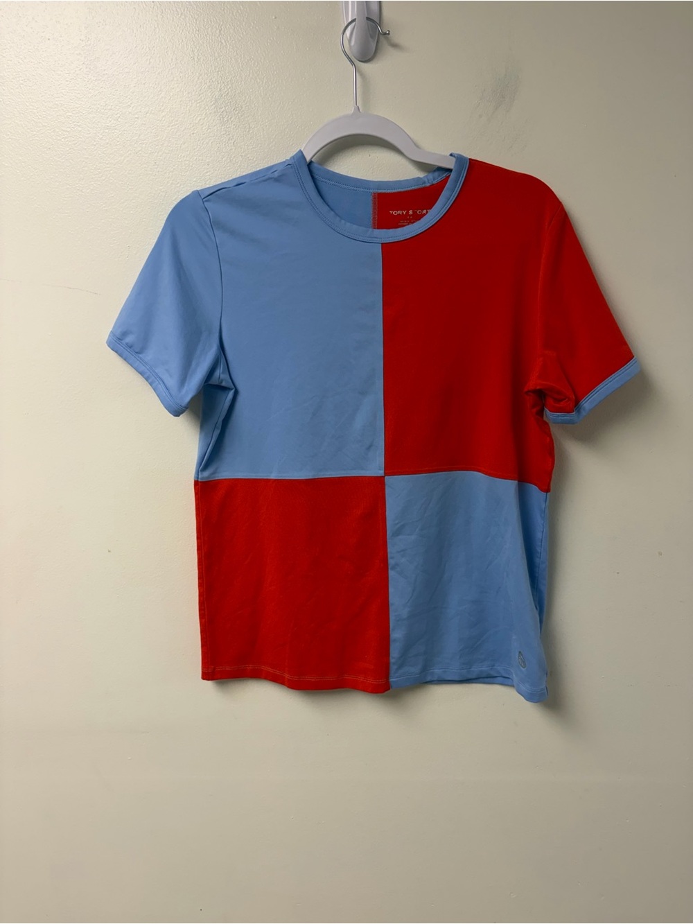 Tory Sport Colorblock Short Sleeve Crewneck Tee Orange and Blue Size Small